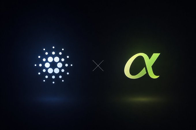 Two glowing logos are separated by a thin 'x' mark against a black background: a blue cluster of dots on the left and a green stylized 'A' or alpha symbol on the right.