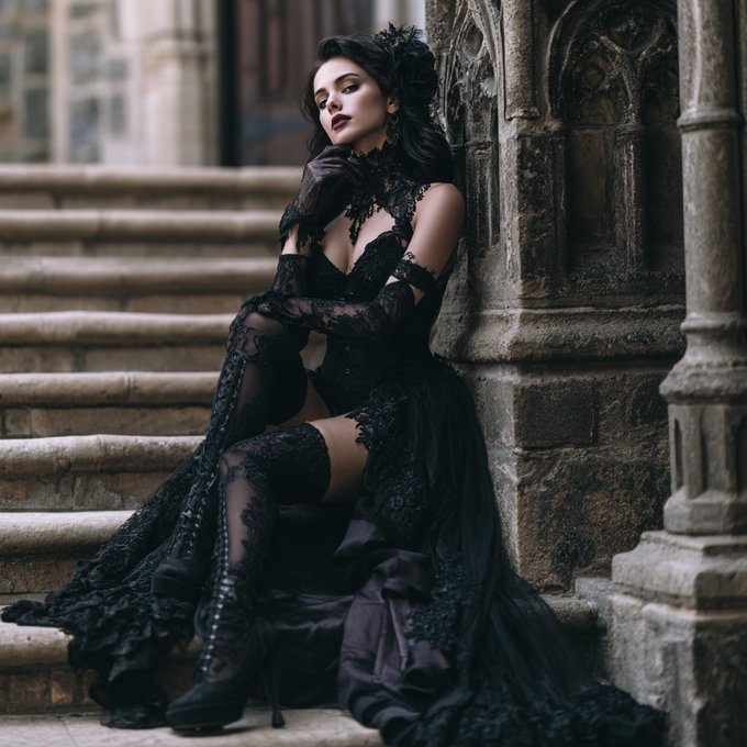 A woman in an elegant black gothic gown with lace detailing and thigh-high lace-up boots sits dramatically on stone steps beside an ornate carved pillar. The image has a dark, fairytale aesthetic that visually plays on the "Disney Princess" reference in the post, casting the subject in a brooding, villain-princess style.