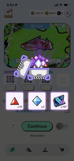 A mobile game screen shows a 'Trainer' level with an animated box opening reveal, displaying reward icons of red triangles (x10), blue diamonds (x3), and purple crystals (x107) above a green 'Continue' button.