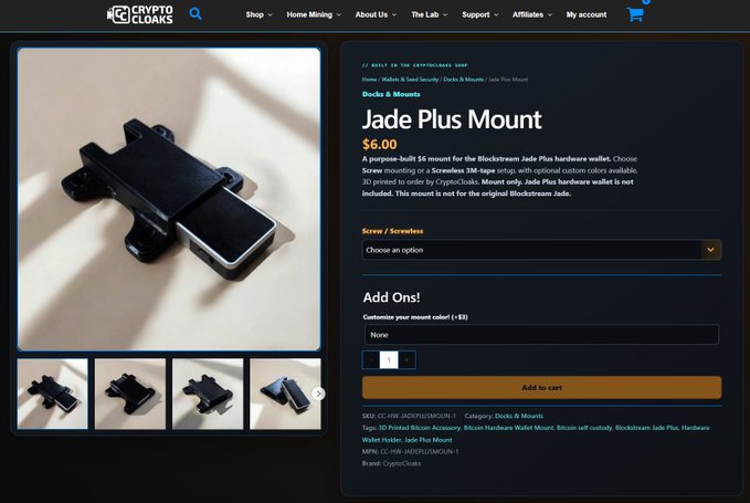 A product page on CryptoCloaks for a "Jade Plus Mount" priced at $6.00, shown as a 3D printed accessory for a Bitcoin hardware wallet.