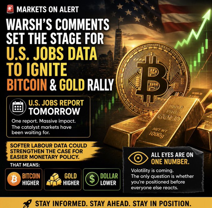 A "Markets on Alert" graphic featuring a Bitcoin coin and gold bars against a U.S. flag backdrop announces that "WARSH'S COMMENTS SET THE STAGE FOR U.S. JOBS DATA TO IGNITE BITCOIN & GOLD RALLY," with predicted outcomes of Bitcoin higher, Gold higher, and Dollar lower—visually reinforcing the post's warning about tomorrow's jobs report as a potential market catalyst.