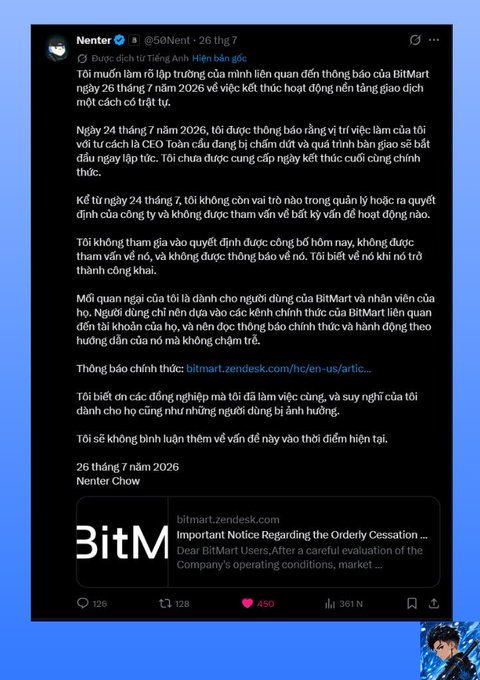 A tweet from Nenter Chow (@50Nent) dated July 26, addressing a notice regarding BitMart's orderly cessation and the company's operating conditions.