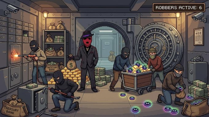 The image features a cartoon scene of people dressed in black clothing, including a character with a mask, standing around a large safe filled with gold bars. The group appears to be engaged in various activities related to the safe, such as opening it or taking something out of it. The caption for the image reads "I just Joined Mafiadotfun Early Access! Earn #CASH by joining the family, becoming a Godfather, robbing banks, and selling drugs on #Solana".