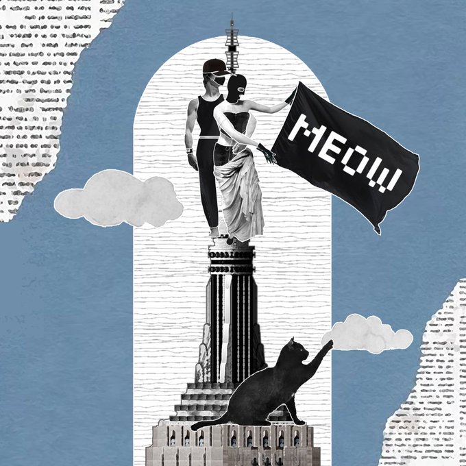 A mixed-media collage on a blue background showing a black-and-white figure holding a flag that reads "MED!!" on top of a skyscraper, with a black cat silhouette below.