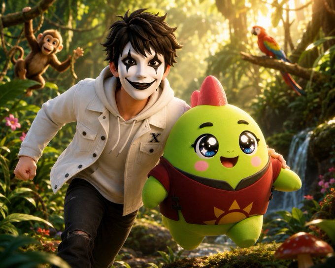 The image features a man wearing a white hoodie with black eyes painted on his face, holding a green monster plush toy that has a big smiley face. The background of the image shows trees and other plants, creating an impressionistic forest setting. The caption for this image is "Most people think sleep ends when you wake up. But what if it's actually the beginning of something more structured and even rewarding? Morning sleepers, hope you woke up feeling rested. With @sleepagotchi, sleep stops being just rest and starts turning into value you can".