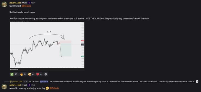 A Discord post by user "polaris_xbt" discusses an ETH short position with set limit orders and stops, featuring a chart of ETH price action showing the trade entry. Below, the same user promotes a VIP community and indicates they will move stop losses to entry for the day.