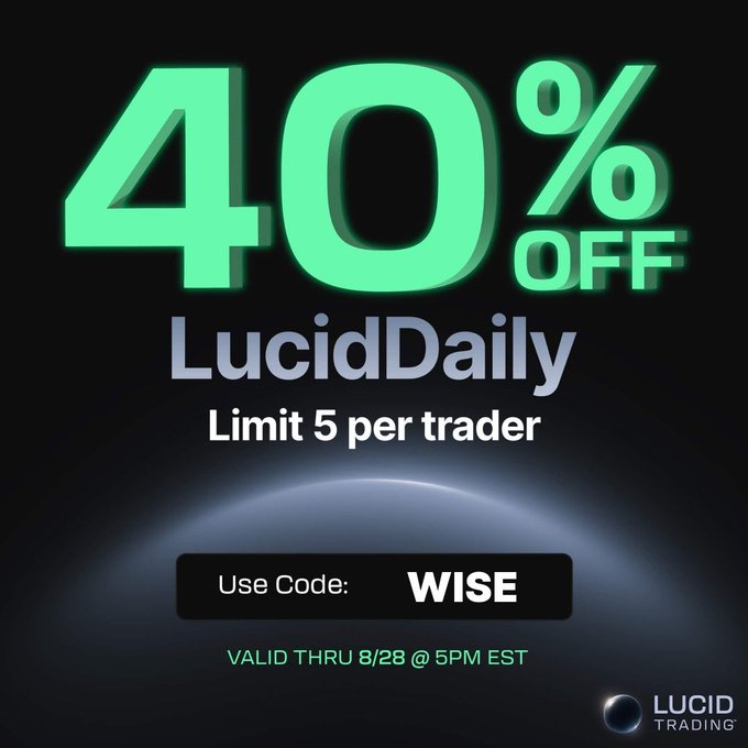 Promotional image from Lucid Trading advertising a 40% off sale on LucidDaily subscriptions (limit 5 per trader) using code "WISE" valid through 8/28 at 5PM EST, humorously accompanying a post announcing a delayed "rugpull" with the joke that "the rug can wait, we're shopping."