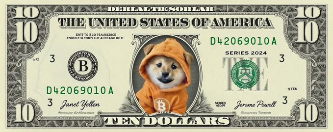 A modified US $10 bill featuring a Shiba Inu dog wearing an orange hoodie in the center portrait, with text 'THE UNITED STATES OF AMERICA' and 'TEN DOLLARS'.