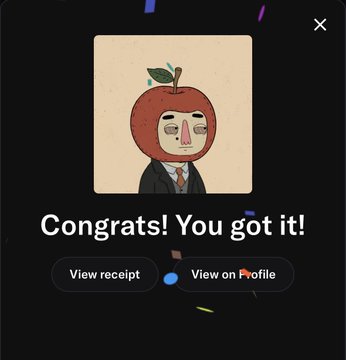 A pop-up notification with confetti reads 'Congrats! You got it!' above a cartoon character with an apple for a head, featuring buttons to 'View receipt' and 'View on Profile'.