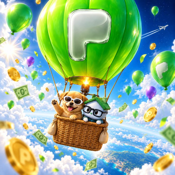 The image shows a vibrant, fantastical scene of a golden retriever wearing sunglasses and a cute white mascot character with glasses riding together in a green hot air balloon shaped like a "P" logo, soaring above fluffy clouds surrounded by floating green balloons, gold coins, and dollar bills.

**Connection to the post:** The "P" logo on the balloon likely represents "ponsdotfamily" (referenced in the tweet), while the "up only" imagery of the rising balloon alongside money symbols visually reinforces the bullish crypto sentiment being celebrated with their community token launch.