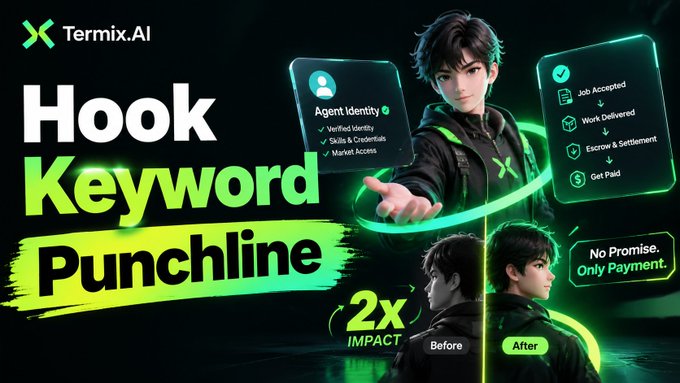 An advertisement for Termix.AI features the text 'Hook Keyword Punchline' alongside a 3D character showing 'Agent Identity' features like Verified Identity, Skills & Credentials, and Market Access.