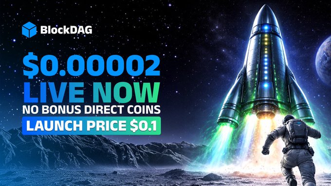 A BlockDAG promotional image featuring an astronaut watching a rocket launch on a lunar surface, displaying the current price of "$0.00002 LIVE NOW," "NO BONUS DIRECT COINS," and a "LAUNCH PRICE $0.1." The space-themed graphic reinforces the post's message of returning to fundamentals with direct BDAG purchases at $0.00002, no bonuses or vesting, and clear purchase tiers like $100 = 5M BDAG.