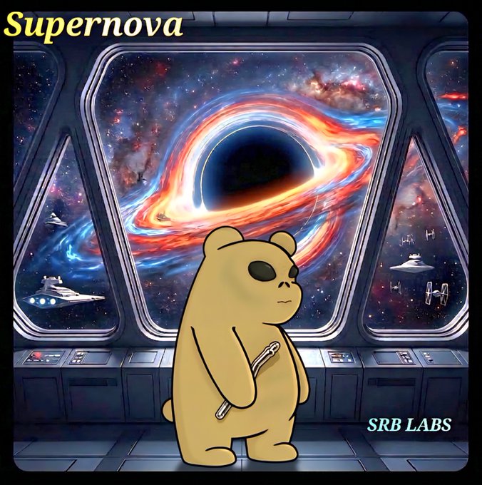 An illustration labeled 'Supernova' shows a cartoon bear holding a lightsaber in a spaceship cockpit, looking out at a black hole surrounded by starfighters and a colorful space vista, signed 'SRB LABS'.
