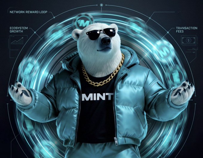A polar bear mascot in sunglasses wearing a puffer jacket and a 'MINT' t-shirt, surrounded by a futuristic circular interface labeled 'NETWORK REWARD LOOP,' 'ECOSYSTEM GROWTH,' and 'TRANSACTION FEES.'