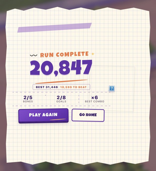 A video game 'RUN COMPLETE' results screen showing a score of 20,847, with a best of 31,446, 2/5 bones, 2/8 goals, and a x6 best combo, featuring 'PLAY AGAIN' and 'GO HOME' buttons.