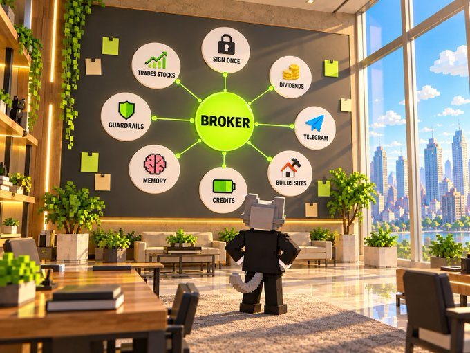 3D rendered image showing a cat character in a suit standing before a large diagram of 'BROKER' features (Trades Stocks, Dividends, Guardrails, etc.) in a modern office setting.