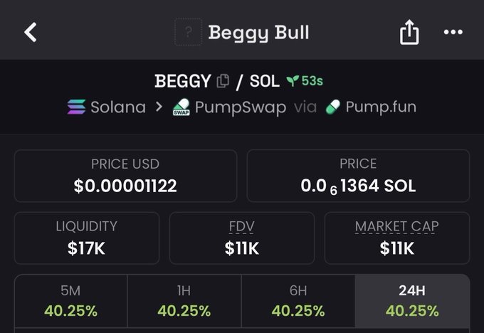 A cryptocurrency trading interface showing the 'Beggy Bull' (BEGGY) token on Solana via PumpSwap/Pump.fun, priced at $0.00001122 with $11K market cap and 40.25% gains across timeframes.