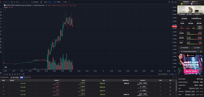 This image shows a rapid price increase for the cryptocurrency $CASHCAT against $WETH, with a trade showing a $500 investment growing to $1 million. The chart and accompanying data illustrate the significant gains possible in short trading periods.