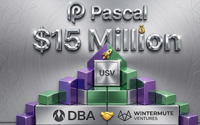 The image promotes Pascal ($15 Million raised) with DBA and Wintermute Ventures branding, alongside a USDC token and a rocket icon over stacked blocks, visually reinforcing the post's call to access app.pascal.trade and deposit USDC as capital to get in early on the Solana-based prediction market project.