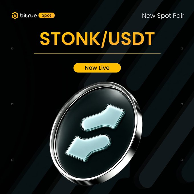 A Bitrue Spot promotional graphic announces the new STONK/USDT trading pair, featuring a sleek black and silver coin emblem alongside "Now Live" and "New Spot Pair" text, matching the post's announcement that STONK/USDT spot trading has officially launched.