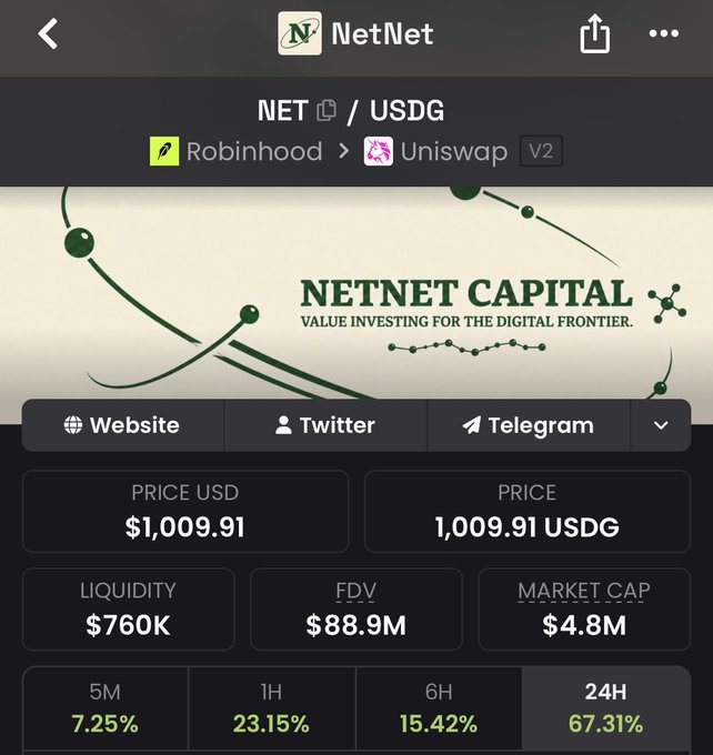 A screenshot of the NetNet (NET/USDG) trading page on a DEX tracker shows the NET token at $1,009.91 with a 67.31% gain in the past 24 hours, $760K liquidity, and a $4.8M market cap, supporting the post's excitement about $NET crossing the $1,000 milestone and referencing its $100M treasury.