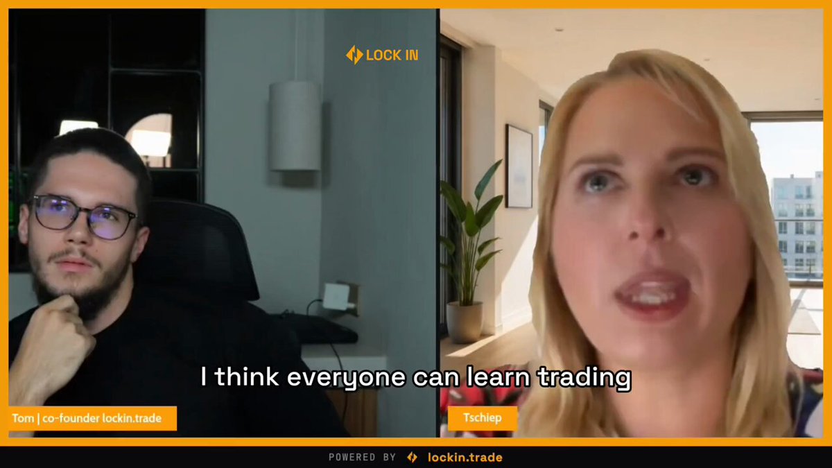 The image shows two people, likely a man and woman, sitting across from each other at a desk with laptops open in front of them. They appear to be engaged in an online video call or webinar about trading strategies for crypto currency. The background features a window overlooking a cityscape, adding depth to the scene.