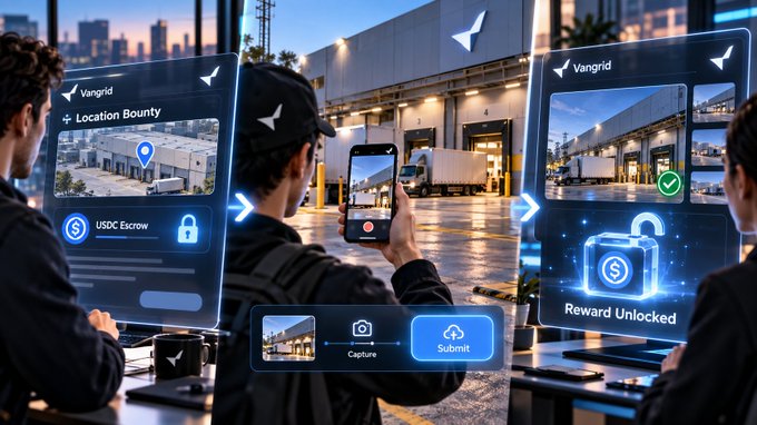 A digital illustration showing a person at a logistics warehouse using a smartphone to verify a truck's location, with floating holographic interface elements labeled 'Vangrid', 'Location Bounty', 'USDC Escrow', and 'Reward Unlocked' connected by arrows showing a capture and submit workflow.