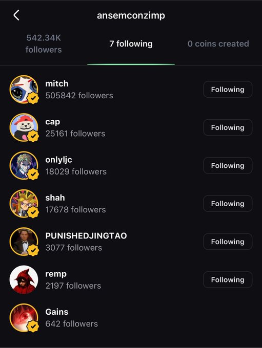 A social media profile page for "ansemconzimp" showing 542.34K followers, 7 following, and 0 coins created, listing followed accounts including "mitch", "cap", "onlyjic", "shah", "PUNISHEDJINGTAO", "remp", and "Gains".
