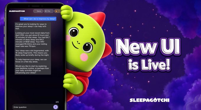 A promotional image for 'SLEEPAGOTCHI' featuring a green dragon-like character peeking from behind a phone displaying a sleep advice chat interface, with the text 'New UI is Live!'.