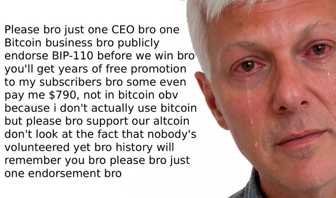 Meme featuring a crying man with overlaid text begging a Bitcoin CEO to publicly endorse BIP-110, offering $790 and free promotion to subscribers in exchange for support.