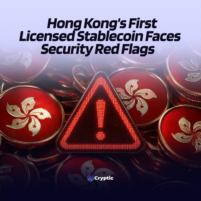 The image features the headline "Hong Kong's First Licensed Stablecoin Faces Security Red Flags" displayed over a background of stacked Hong Kong-flag-themed coins with a glowing red warning triangle in the foreground. The visual symbolizes the BlockSec security review alerting that HKDAP's launch raised concerns over KYC controls, privileged access, and governance, where a single role could control minting, freezing, pausing, and forced burning of tokens.