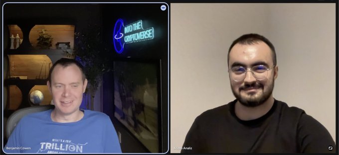 The image shows a split-screen video call between Benjamin Cowen (left, in a blue "Trillion" t-shirt with an "Into The Cryptoverse" neon sign behind him) and another person identified as Joseph Anavé (right, in a black shirt and glasses). It appears to be a screenshot from a podcast or interview, connecting to the post about reconnecting with the familiar face of Benjamin Cowen.