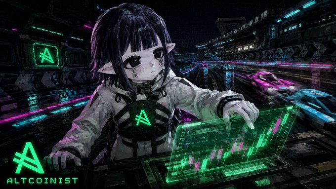 An anime-style character in a cyberpunk setting interacting with a green holographic interface, branded with the 'ALTCOINIST' logo.