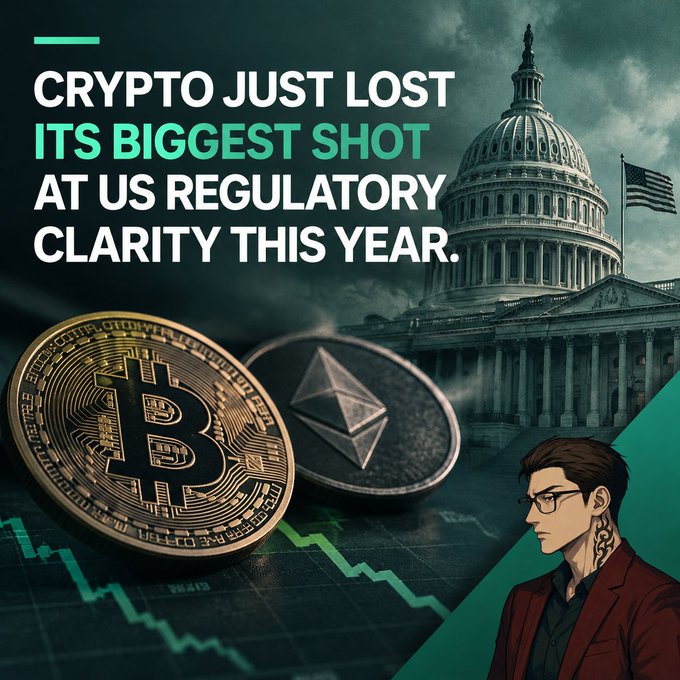 A promotional graphic reads 'CRYPTO JUST LOST ITS BIGGEST SHOT AT US REGULATORY CLARITY THIS YEAR,' featuring physical Bitcoin and Ethereum coins, a declining green stock chart, the U.S. Capitol building, and an illustrated man in a red jacket.