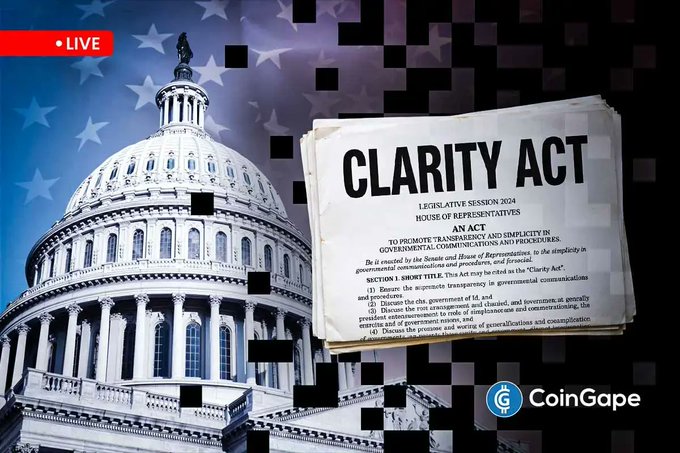 A news graphic from CoinGape featuring the U.S. Capitol building behind a document titled 'CLARITY ACT' (Legislative Session 2024, House of Representatives), labeled with a 'LIVE' badge.