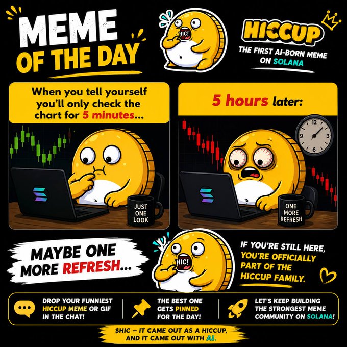 A colorful 'MEME OF THE DAY' graphic featuring a chubby yellow character named 'HICCUP', described as 'THE FIRST AI-BORN MEME ON SOLANA', with comic panels showing the character obsessively checking crypto charts.