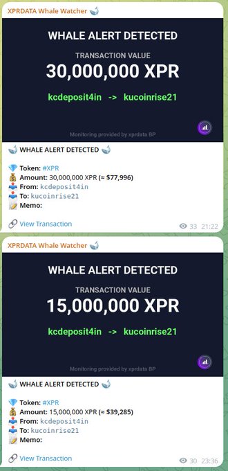 Two XPRDATA Whale Watcher alerts showing large transfers of 30 million XPR ($77,996) and 15 million XPR ($39,285) from kcdeposit4in to kucoinrise21, which relates to the post by suggesting KuCoin may have insider knowledge or awareness of these substantial incoming whale deposits.