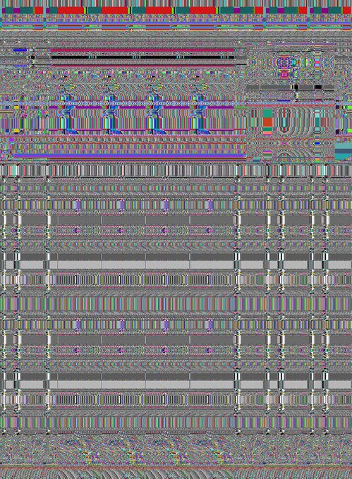 A heavily distorted, glitch-art style image filled with horizontal bands of multicolored pixelated lines, static, and fragmented visual noise.