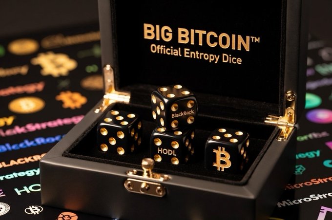 A sleek black presentation box labeled "BIG BITCOIN™ Official Entropy Dice" contains four glossy black dice with gold pips, including designs featuring "HODL," "BlackRock," and the Bitcoin ₿ symbol, sitting atop a surface decorated with Bitcoin logos and "MicroStrategy" and "BlackRock" text. The image satirically visualizes the post's joke about institutional "premium entropy dice" for crypto trading, mocking how mainstream finance brands like BlackRock and MicroStrategy have become part of Bitcoin's identity alongside crypto-native slang like "HODL."