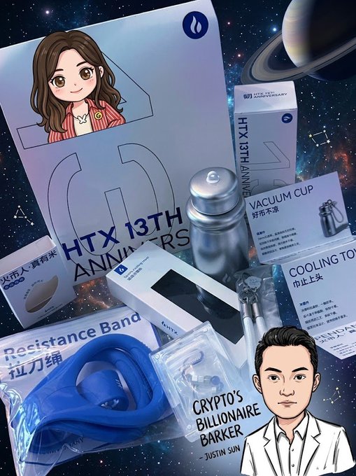 A promotional image for 'HTX 13TH ANNIVERSARY' featuring an anime-style avatar, various merchandise including a vacuum cup, cooling towel, and resistance band, plus a cartoon illustration labeled 'CRYPTO'S BILLIONAIRE BARKER - JUSTIN SUN'.