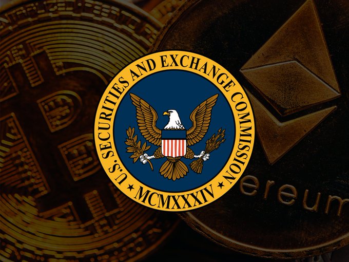 The image shows the U.S. Securities and Exchange Commission (SEC) seal overlaid on Bitcoin and Ethereum physical coins, visually tying the post about Kraken's $22 million arbitration win against Mazars to the ongoing SEC crackdown on crypto exchanges. The juxtaposition symbolizes the intersection of cryptocurrency and federal regulatory oversight at the heart of this dispute.