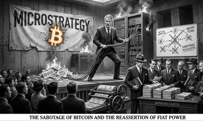 The image depicts a man standing at a podium, holding a rope with a burning flame coming out of it. The scene takes place during a meeting or presentation where the man appears to be speaking about the dangers of Bitcoin and its potential impact on society. The presence of the burning flame suggests that there is an element of danger or threat associated with Bitcoin, possibly related to its association with illegal activities or money laundering. The image also includes text that reads "The fact @saylor and @Strategy $MSTR are being allowed to run their PONZI is telling enough The SEC and other regulation authorities would have already shut that shit down if they cared about the public This will be the Trojan horse to end Bitcoin".