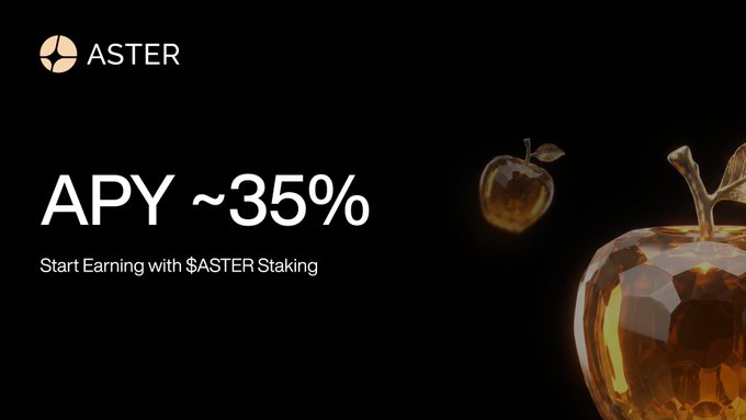 Promotional banner for ASTER staking featuring a golden crystal apple with the text "APY ~35%" and "Start Earning with $ASTER Staking" against a black background, highlighting the ~35% APY return mentioned in the post.