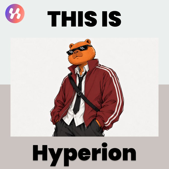 An illustrated bear character wearing pixelated sunglasses, a white shirt, black tie, and a red track jacket is labeled with text reading "THIS IS Hyperion" alongside a stylized "H" logo.