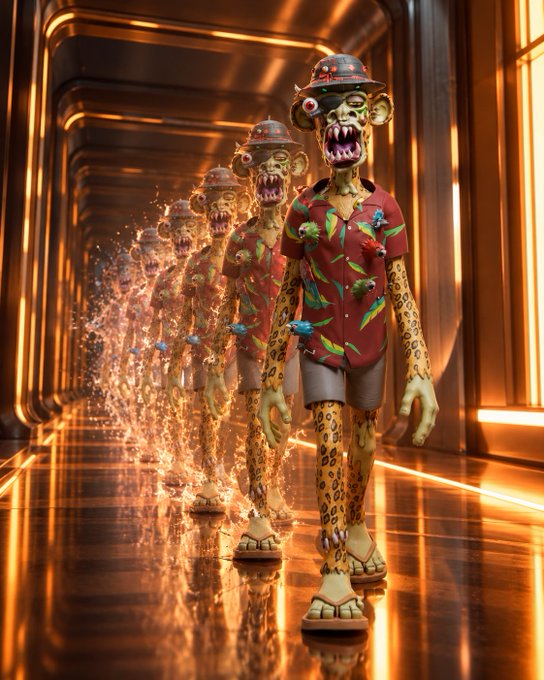 A surreal digital illustration of grotesque humanoid figures wearing floral Hawaiian shirts and bucket hats, walking through a glowing golden corridor with sharp teeth and leopard-print skin.