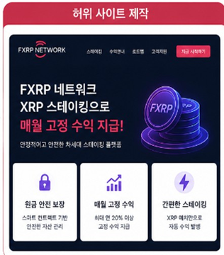 The image displays an advertisement for "FXRP Network," a fraudulent platform that the post identifies as having scammed 71 investors out of 3.4 million XRP (approximately 12.3 billion won) by promising guaranteed returns of 1.5–1.8% monthly before disappearing. The Korean text promotes XRP staking and "level-up rewards," mirroring the deceptive claims used to lure victims into the scheme.