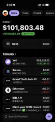 A mobile screenshot of a Phantom wallet showing an account balance of $101,803.48 with tokens including 56.829 SOL and 1080 USDC, while the related post promotes a "$10,000 USDC Giveaway" with 25 winners, likely drawing entrants by displaying large crypto holdings to attract followers.