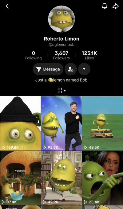 A TikTok profile page for 'Roberto Limon' (@oglemonbob), a 'lemon named Bob' account with 3,607 followers and 123.1K likes, showing various video thumbnails featuring the green lemon character.