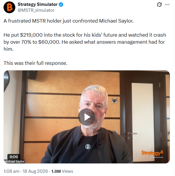 A tweet from @MSTR_simulator shows an 8:09 video of Michael Saylor responding to a shareholder who lost over 70% of his $219,000 investment in $MSTR, with the post highlighting the painful story of someone gambling their children's future savings on Saylor's strategy.