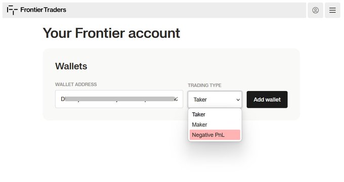 A Frontier Traders account interface showing a wallet address field and a trading type dropdown menu with options Taker, Maker, and Negative PnL selected.